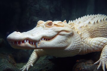 Fototapeta premium Majestic Albino Alligator on Rocky Terrain, Showcasing Its Unique White Scales and Fearsome Teeth in a Natural Setting