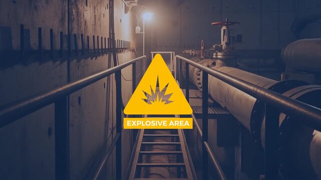 Conceptual warning sign for an explosive zone featuring a cannabis leaf, signaling potential hazards in a dark, clandestine industrial setting, representing illicit or dangerous operations