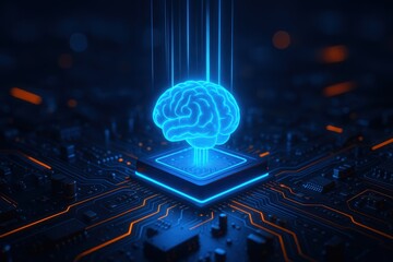 Digital Brain: A mesmerizing 3D rendering of a human brain, glowing with electric blue light, positioned atop a circuit board. This image embodies the concepts of artificial intelligence, technology.