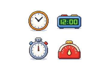 Pixel art collection of four different timekeeping devices on a white background