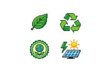 Pixel art icons representing environmental sustainability and renewable energy sources