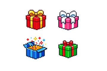 Fototapeta premium Pixel art gift boxes with bows and confetti, a festive collection