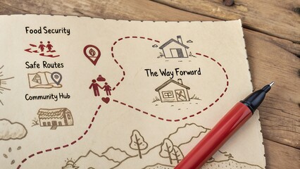 Hand drawn map shows a journey with symbols of family and home