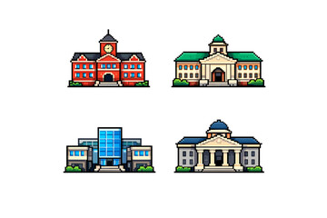 Fototapeta premium Pixel art collection of four distinct educational institution buildings