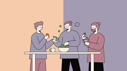 Friends sharing healthy food and drinks together at a table