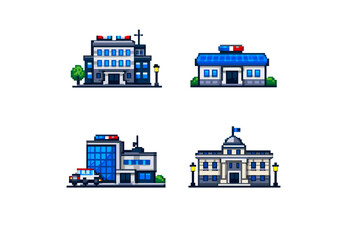 Obraz premium Pixel art police stations and government buildings with sirens and flags