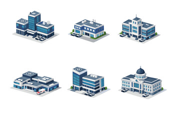 Obraz premium Collection of isometric modern buildings with cars and helipads on white background