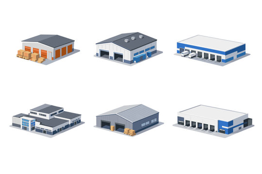 Collection of isometric warehouses and distribution centers with loading docks and cargo