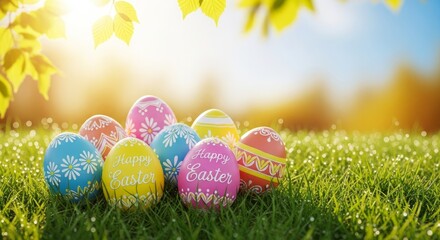 Vibrant easter eggs in spring meadow with sunlight