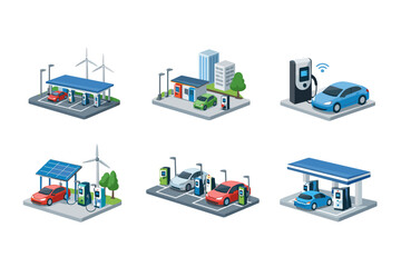 Electric vehicle charging stations in various urban and suburban settings with renewable energy sources