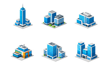 Collection of isometric modern buildings and skyscrapers in blue and white