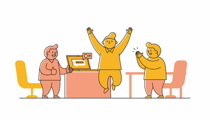 Three colleagues celebrating business success with laptop in modern office