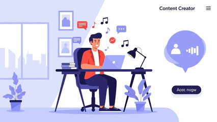 Young man creating digital content at modern home workspace with laptop