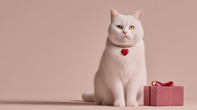 White Cat Wearing Red Heart Pendant in Romantic Valentine Scene