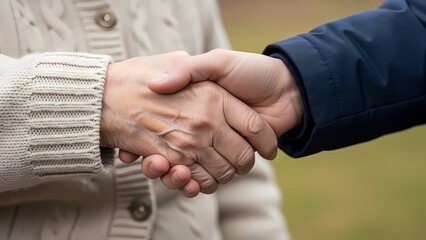 An indoor, tight close-up shot shows the contrast between a wrinkled, sun-spotted elderly hand and a smooth younger hand in a handshake. The hands are framed by an oatmeal-colored knit sweater and a n