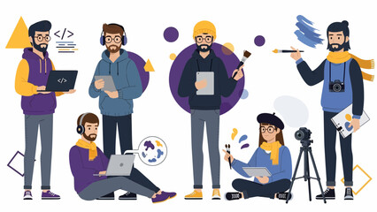 Creative professionals working together on various projects with laptops and art supplies