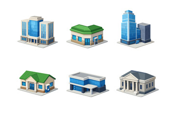 Collection of diverse isometric buildings for urban planning and city simulation games