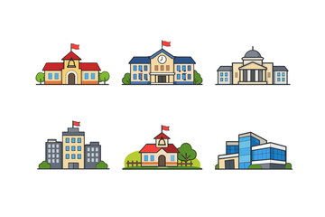 Collection of diverse building icons representing educational institutions and civic structures
