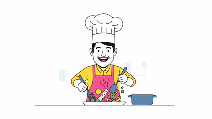 Happy chef preparing a meal with a spatula and fork in a modern kitchen