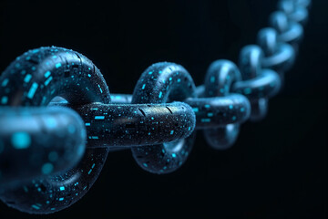 Abstract 3D Blockchain Concept Featuring Glowing Blue Digital Data Chain Links on Black Background