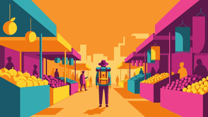 Vibrant market scene with colorful fruit stalls and lively atmosphere