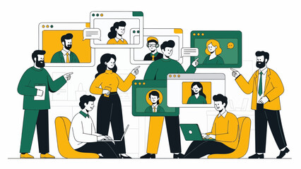 Diverse team engaging in virtual meeting with video calls on multiple screens