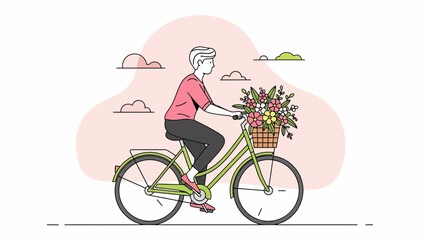 Young man riding bicycle with colorful flowers in basket on sunny day