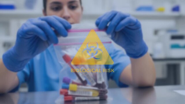 Scientist in blue gloves places test tubes containing blood samples into a zip-lock bag