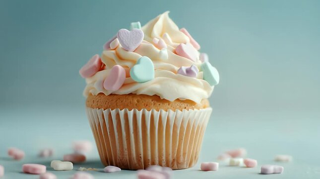 Cupcake with Pastel Candy Hearts on Frosting