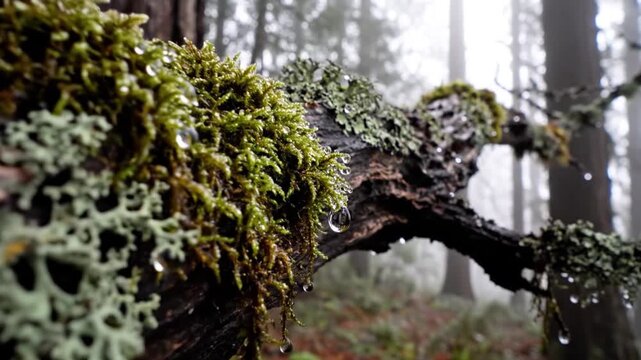 Close-up of vibrant moss and lichen on a tree branch in a misty forest.