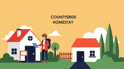 Traveler with laptop standing in front of cozy country homestay houses