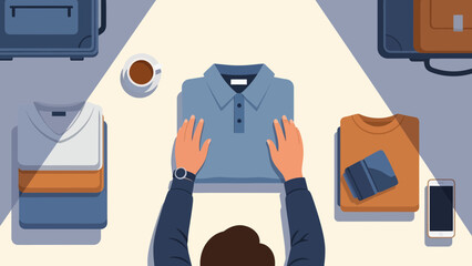 Man choosing clothes from stack on table with coffee nearby