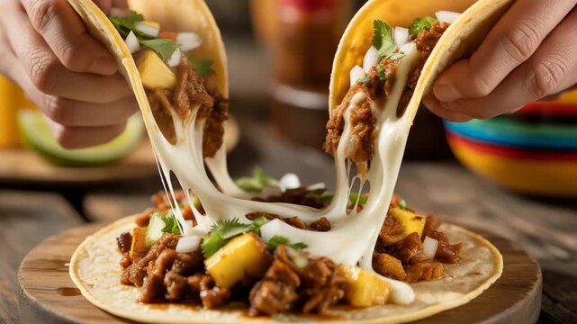 Delicious tacos with melted cheese being pulled apart
