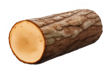 Tree log featuring rough bark texture and cut end revealing annual growth rings. Raw timber material on transparent background