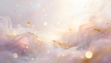 A graphic background of smoke texture on a milky pastel background, delicate gold particles, an airy and bright atmosphere, abstract celebratory energy, elegant and calming wallpaper