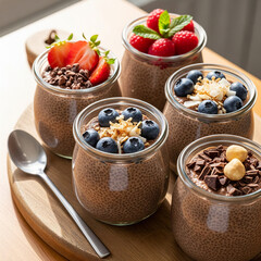 Delicious chocolate chia seed pudding with fresh fruits and nuts toppings