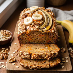 Delicious banana bread with honey and nuts on wooden board