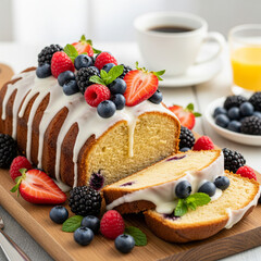 Delicious blueberry bundt cake with white icing and fresh berries on top