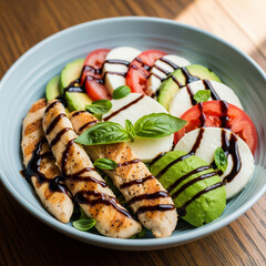 Delicious caprese salad with grilled chicken and balsamic glaze