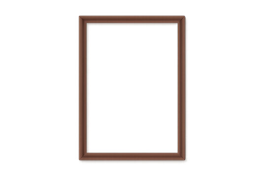 Brown wooden frame, vertical rectangle, empty vector with transparent background, mock up for art or picture