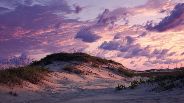 Sunset Over Jockeys Ridge: Vibrant Colors, Sand Dunes, and Clouds at North Carolina's East Coast Paradise