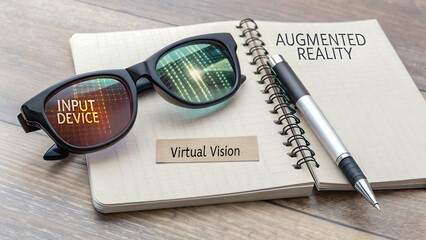 Virtual vision glasses rest on a notebook with augmented reality notes