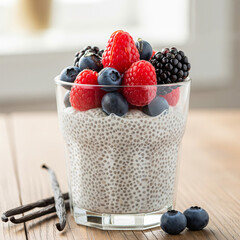 Delicious chia seed pudding with fresh berries and vanilla