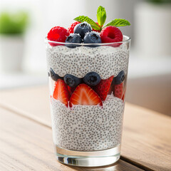 Delicious chia seed pudding with fresh berries in a glass