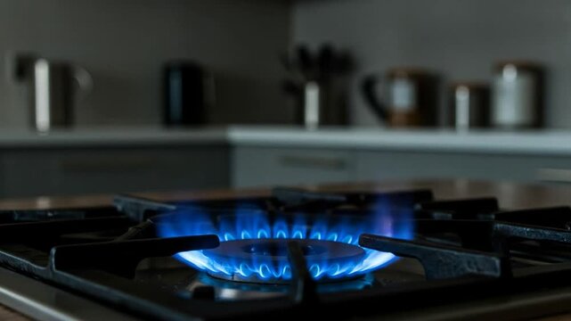 Close-up of an intense blue stove flame symbolizing domestic gas usage and rising energy prices. Close-up of burning stove flame &ndash; concept of rising kitchen gas prices
