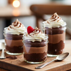 Delicious chocolate mousse desserts in glass jars with whipped cream