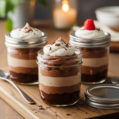Delicious chocolate mousse desserts in glass jars with whipped cream