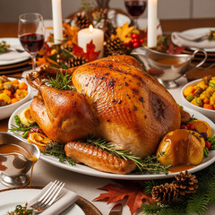 Roasted turkey with savory gravy on a festive holiday table setting