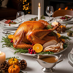 Roasted turkey dinner on festive table with cranberries and gravy