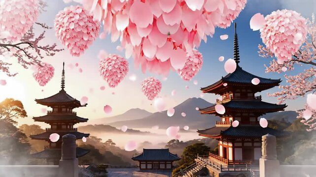 Hot Air Balloons Made Of Sakura Petals Launching From Temple Courtyards